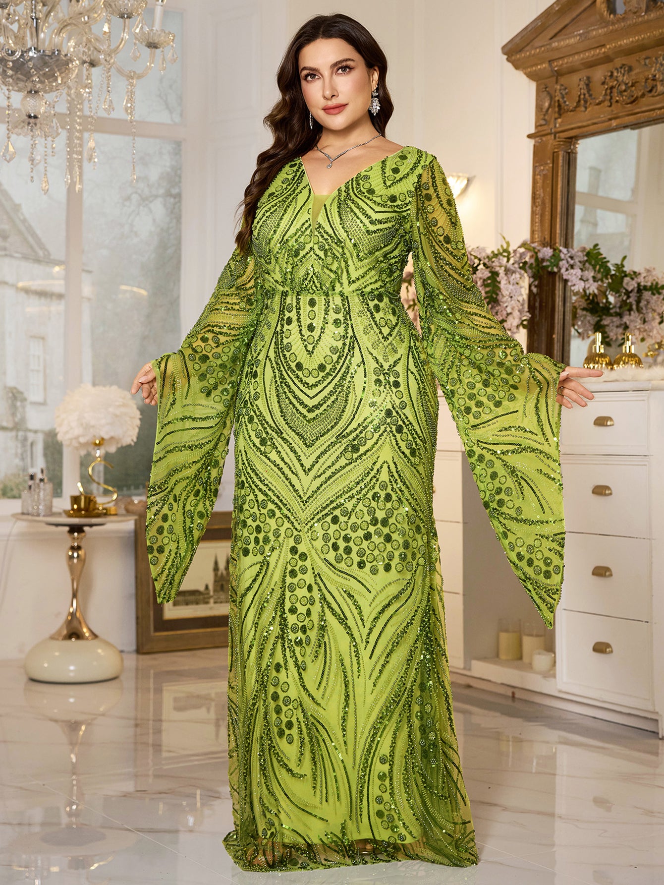 Lime‑Green Beaded Bell‑Sleeve Sheath Plus Size Evening Gown