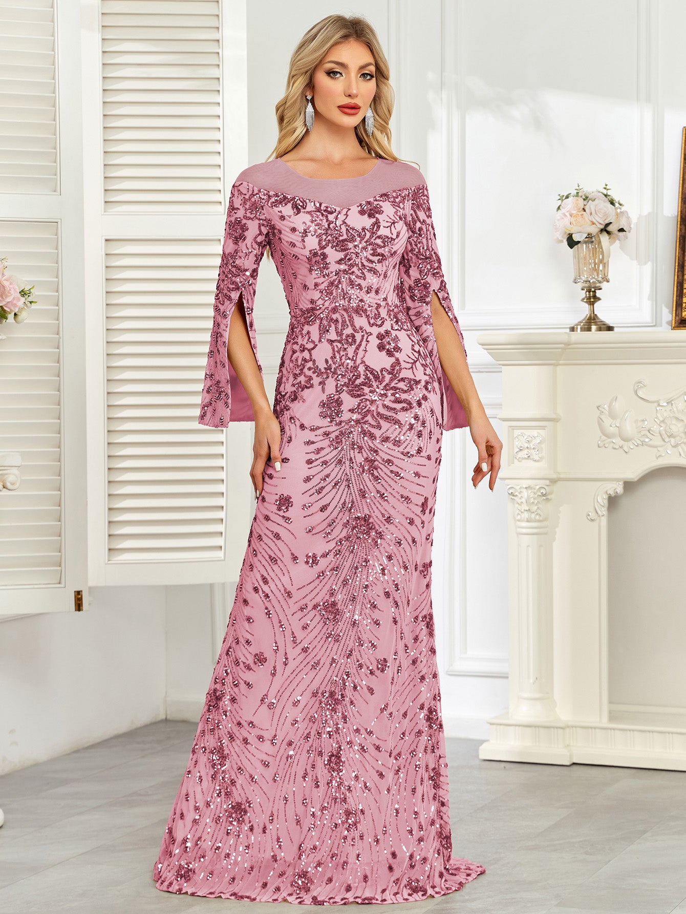 Royal Blue Sequin Split Flare‑Sleeve Mermaid Evening Gown