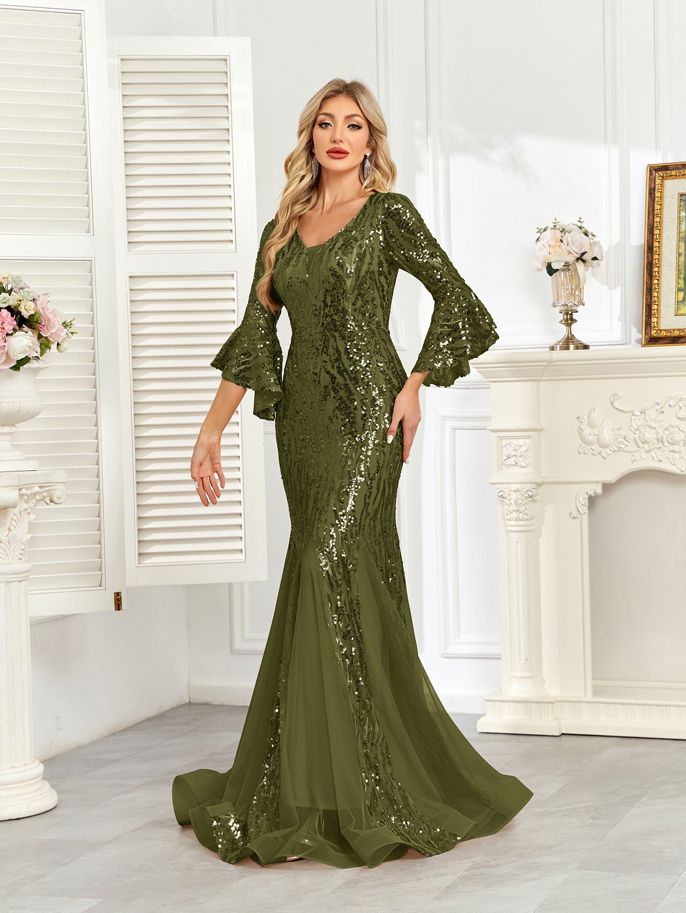 Champagne Gold Sequin Bell Sleeve Mermaid Evening Gown