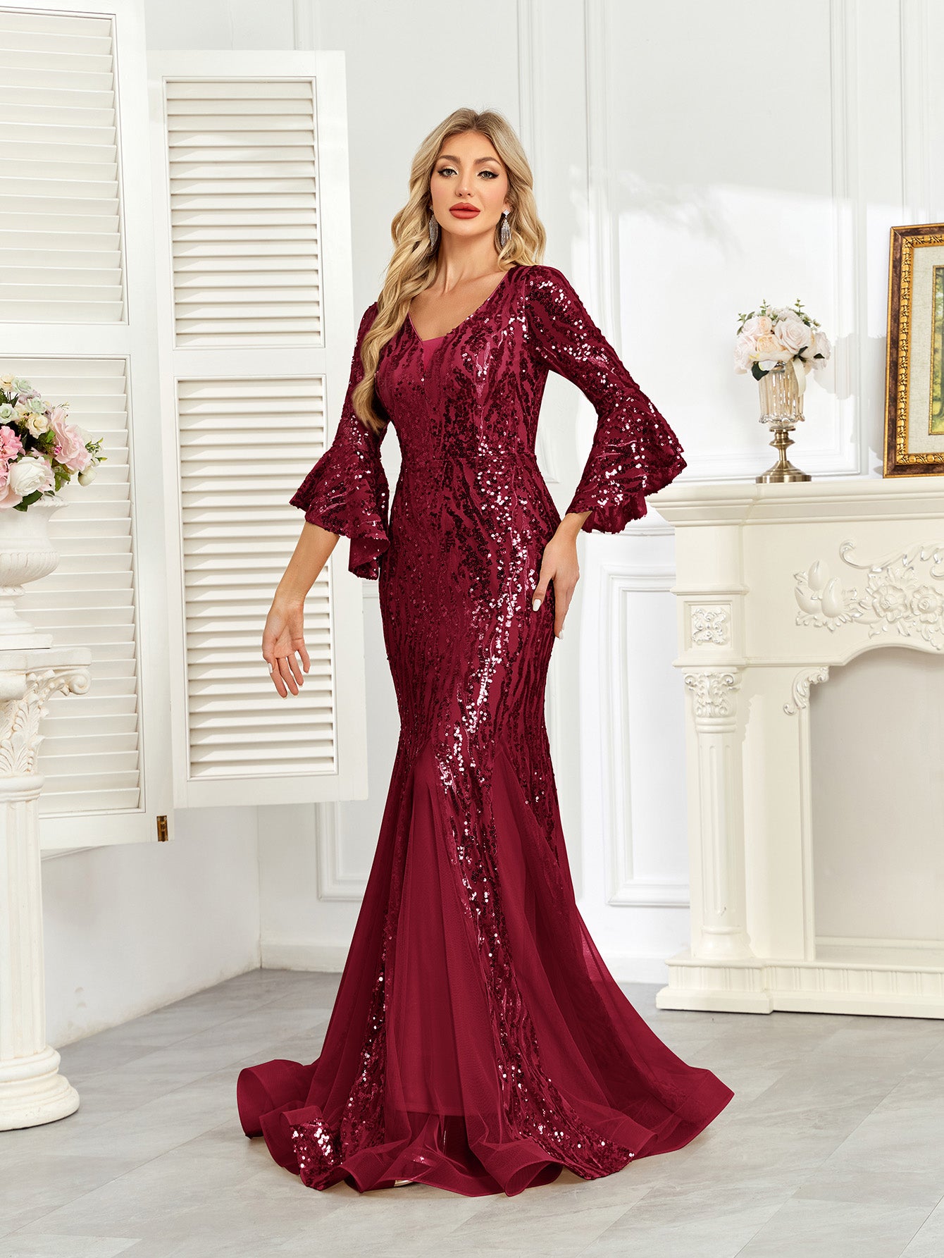 Champagne Gold Sequin Bell Sleeve Mermaid Evening Gown