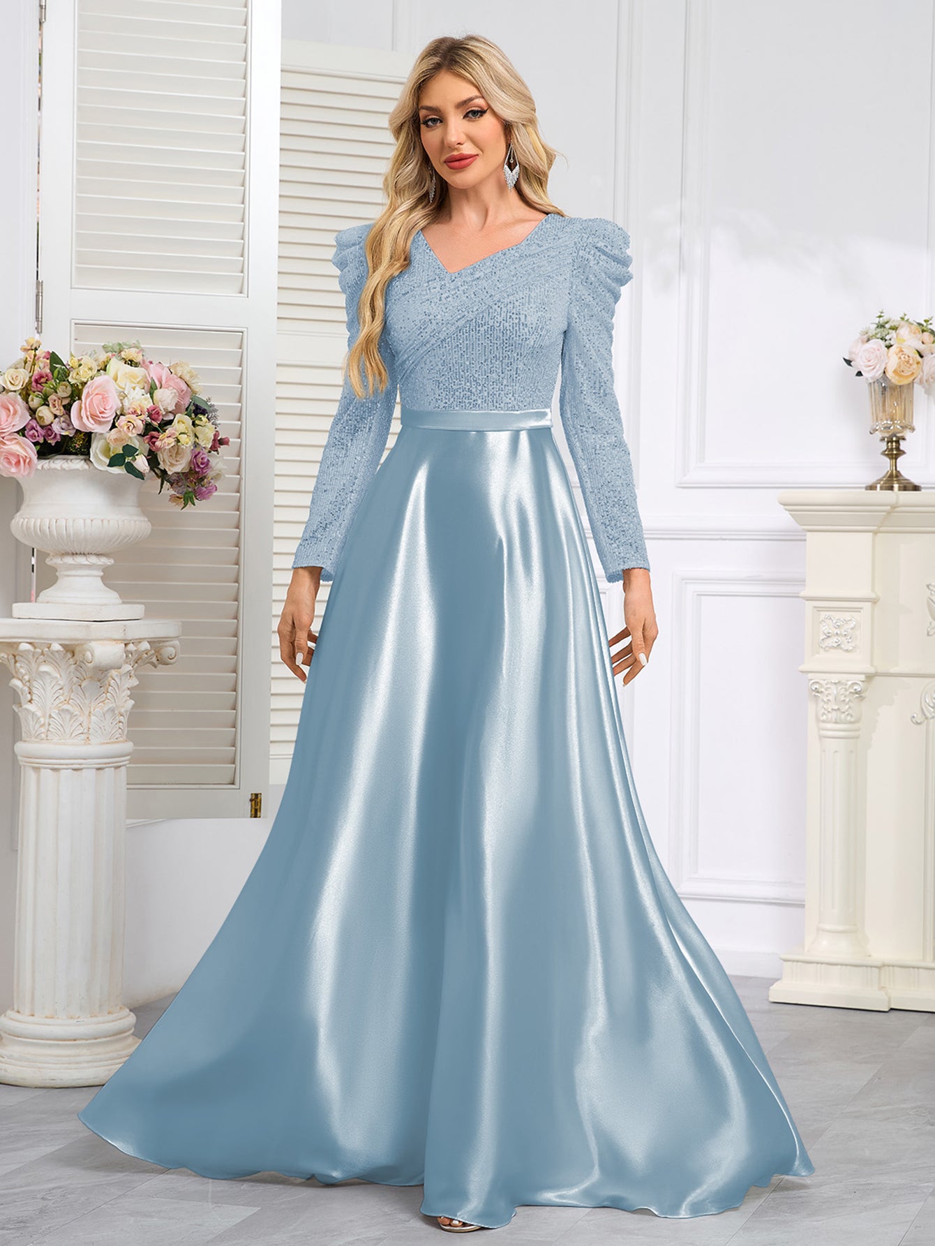 Dark Blue Satin Sequin Maxi Dress