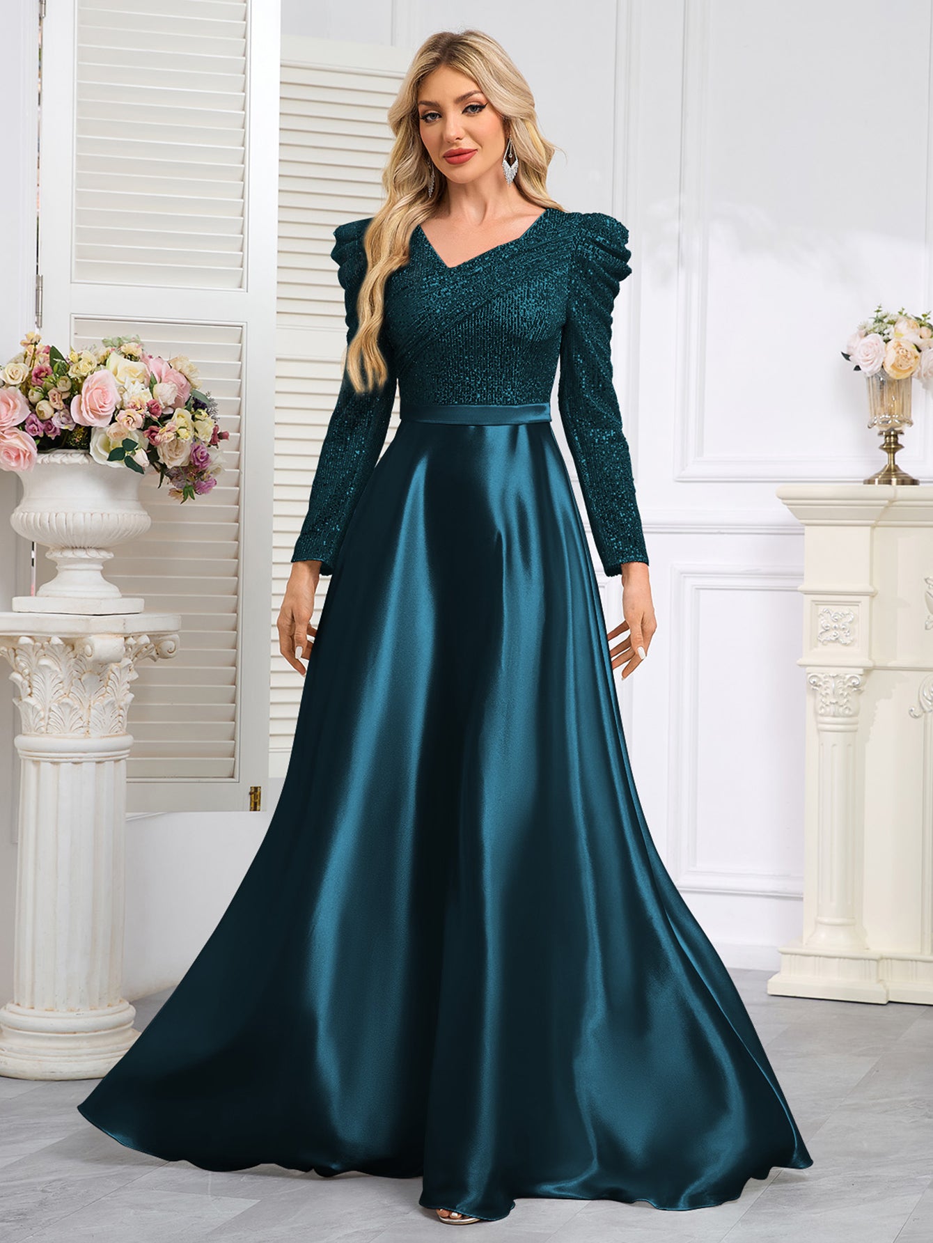 Dark Blue Satin Sequin Maxi Dress