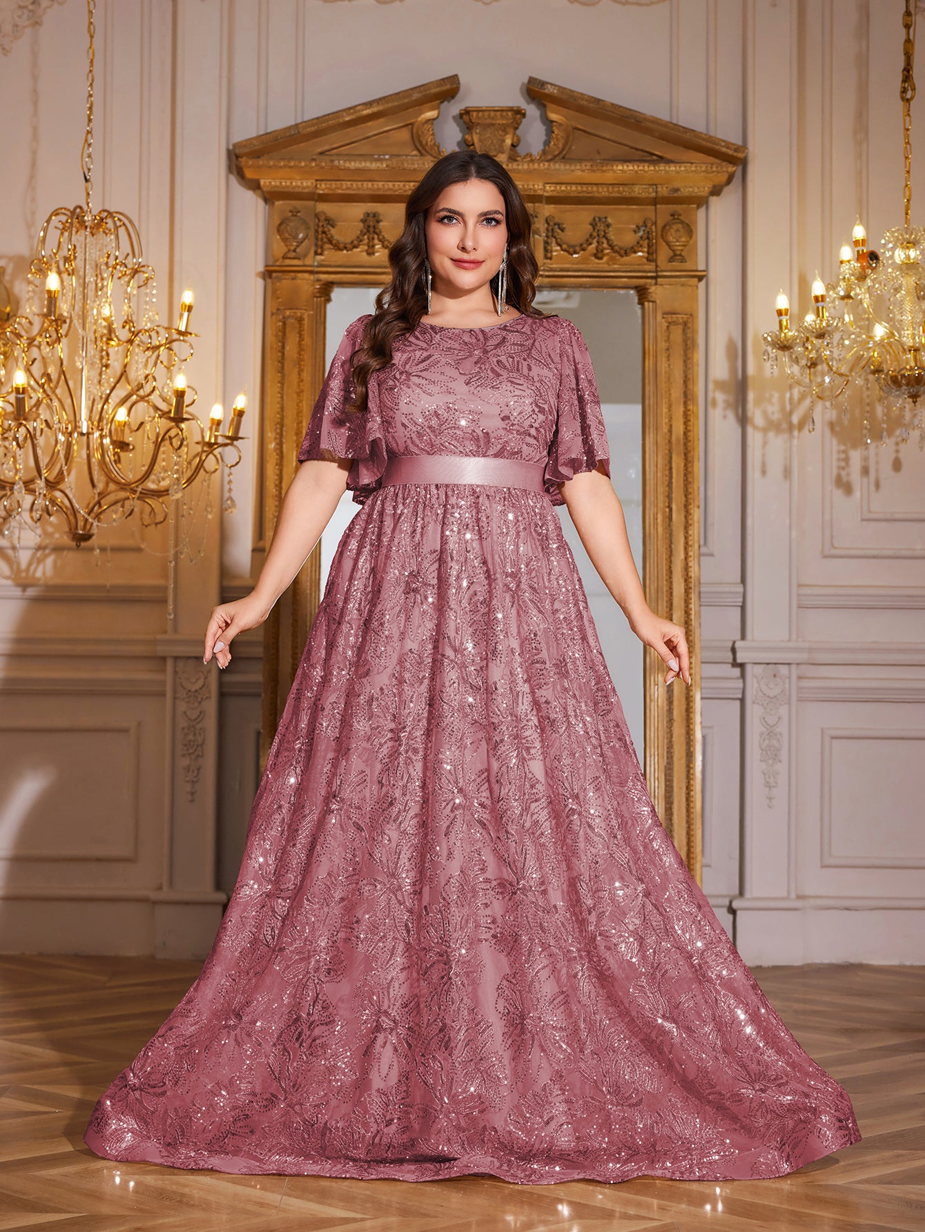 Rose Gold Sequin Flutter Sleeve Empire Waist A‑Line Plus Size Evening Gown