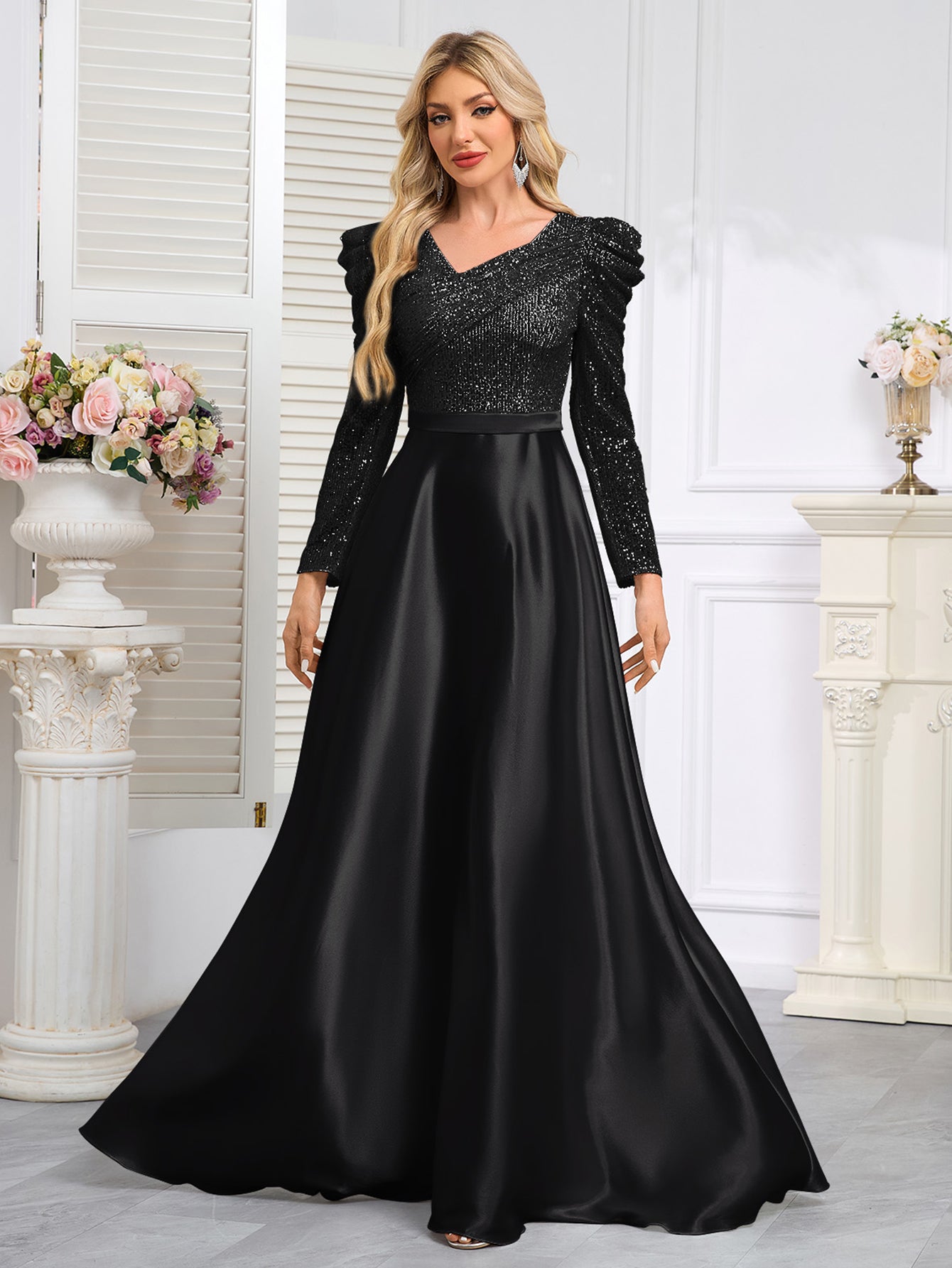 Dark Blue Satin Sequin Maxi Dress
