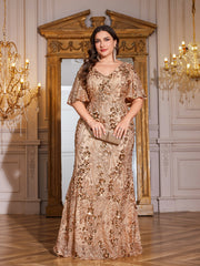 Champagne Gold Sequin Flutter Sleeve Mermaid Plus Size Evening Gown