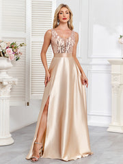 Champagne Sequin Satin Sleeveless High Slit A-Line Evening Gown