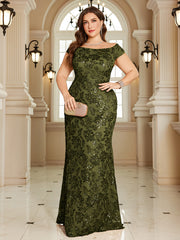 Navy Blue Floral Sequin Off‑Shoulder Sheath Maxi Gown