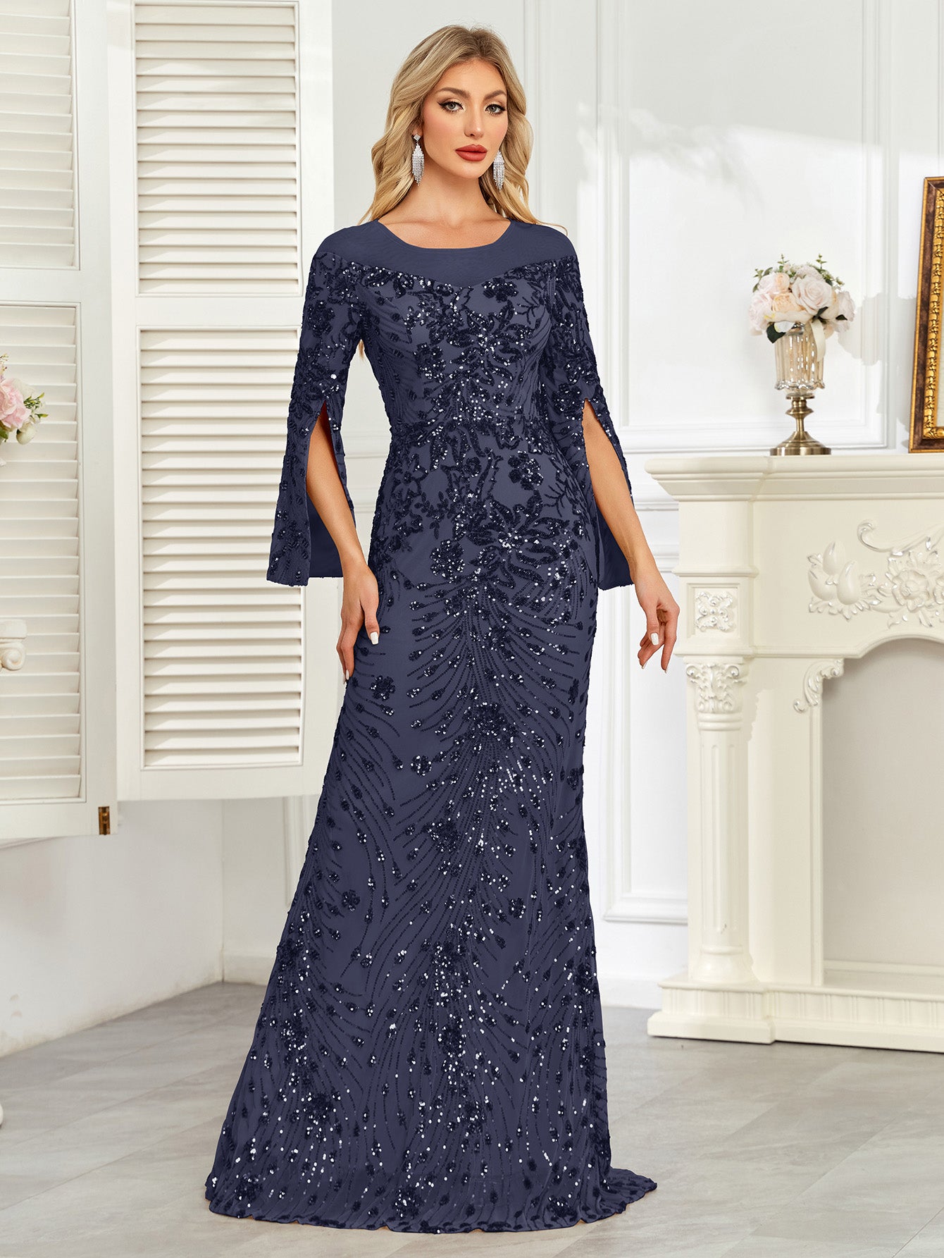 Royal Blue Sequin Split Flare‑Sleeve Mermaid Evening Gown
