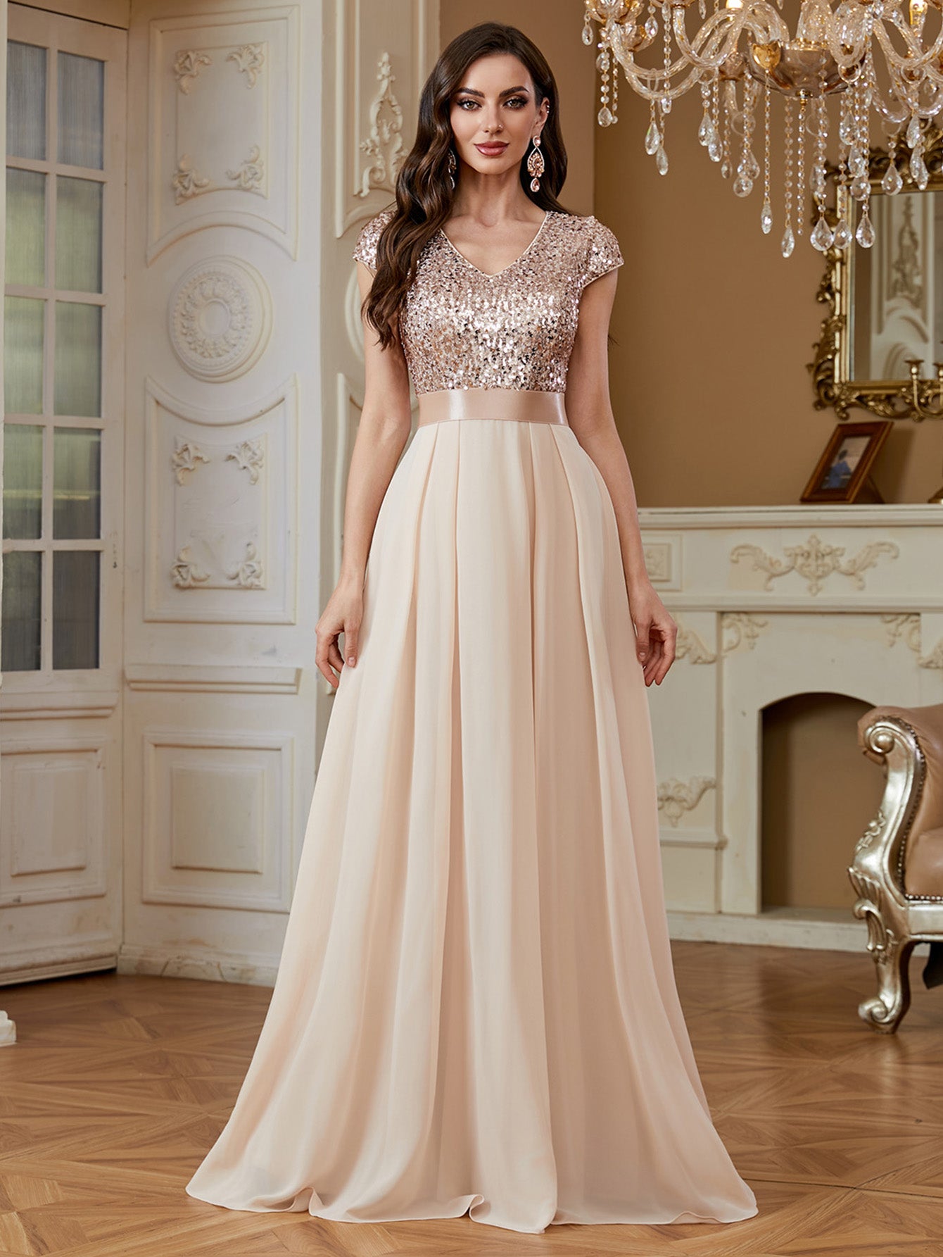 Champagne Sequin Cap Sleeve V Neck A Line Long Evening Dress
