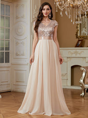 Champagne Sequin Cap Sleeve V Neck A Line Long Evening Dress