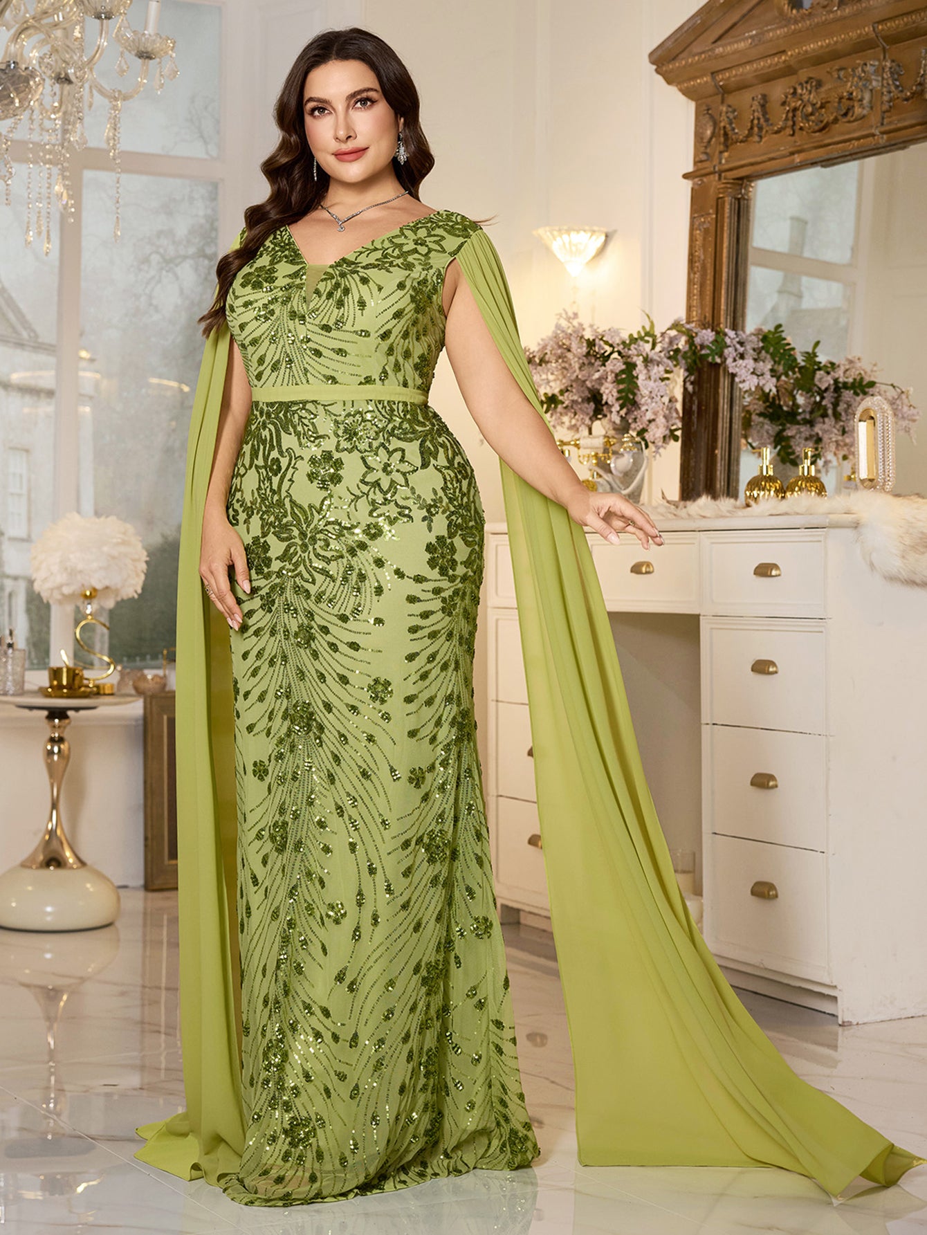 Avocado Green Floral Sequin V‑Neck Cape Sleeve Plus‑Size Mermaid Evening Gown