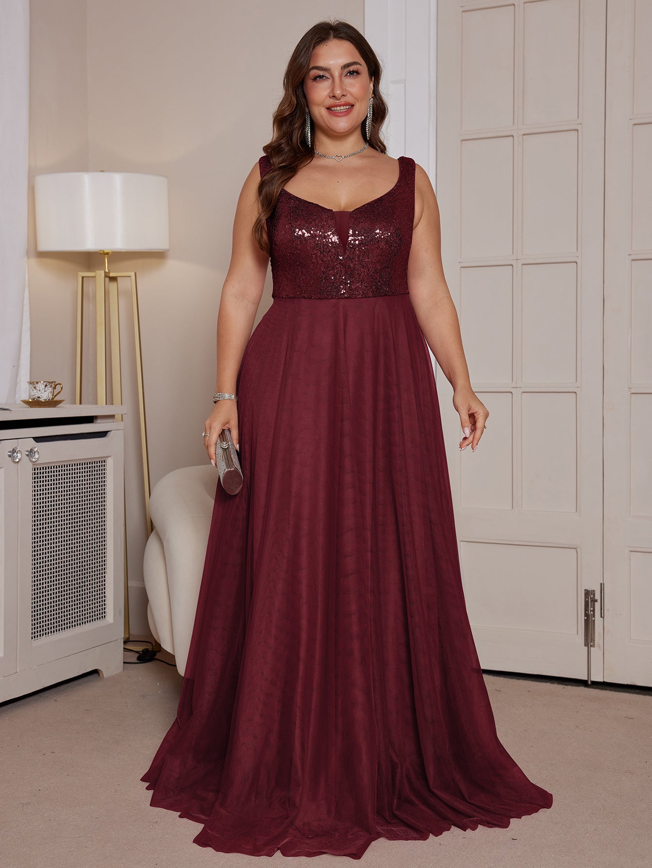 Dusty Rose Sequin Bodice A Line Plus Size Evening Gown