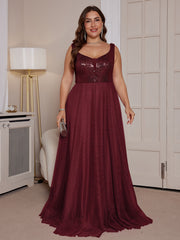 Dusty Rose Sequin Bodice A Line Plus Size Evening Gown