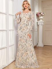 Cream Multi Floral Sequin Long Sleeve Mermaid Evening Gown