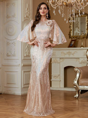 Champagne Gold 3D Flower Cape Sleeve Mermaid Evening Gown