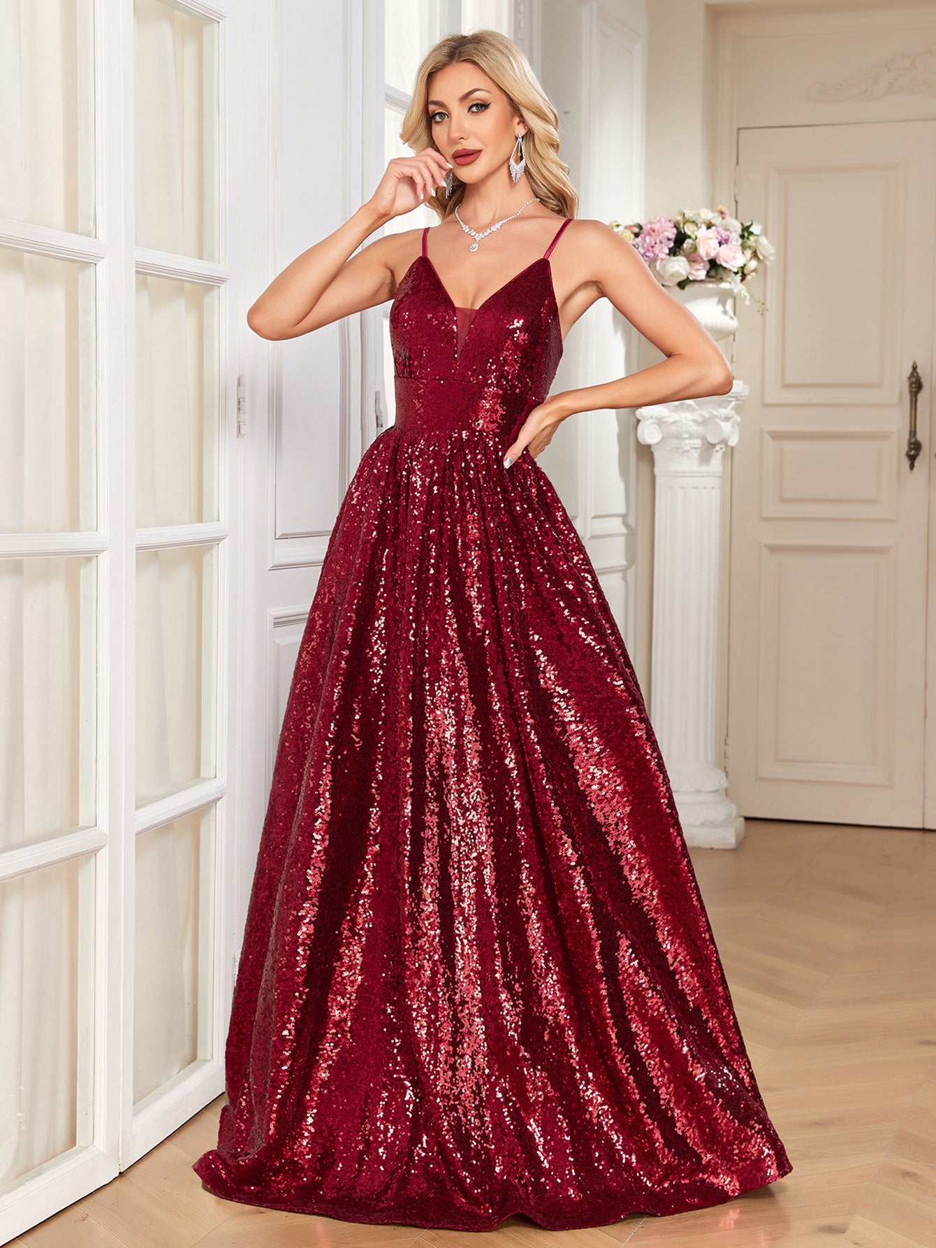 Burgundy Sequin Deep V A‑Line Maxi Dress, Sparkly Formal Evening Gown