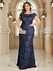 Navy Blue Floral Sequin Off‑Shoulder Sheath Maxi Gown