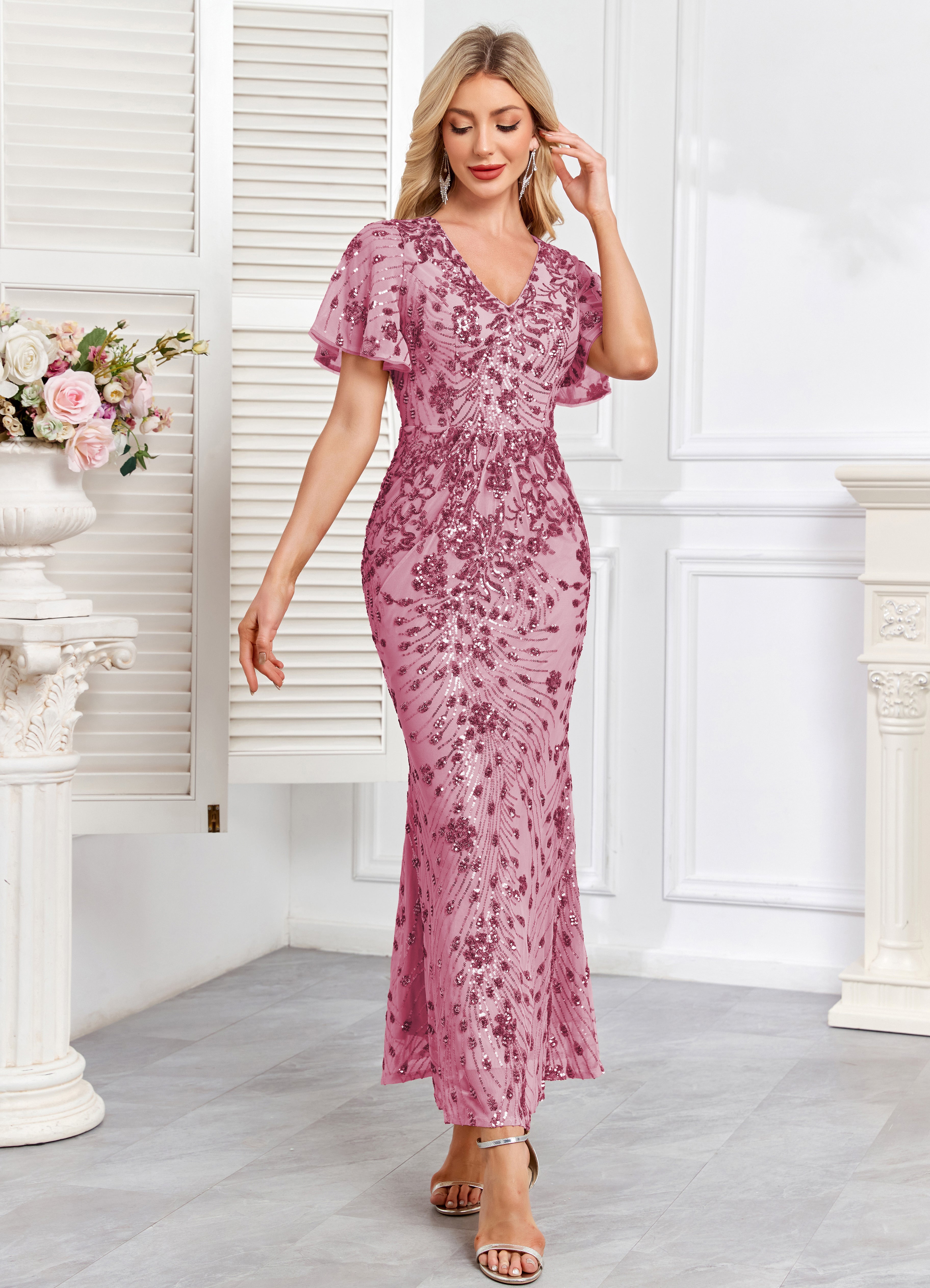 Champagne Gold Sequin Short Sleeve V Neck Midi Mermaid Evening Dress