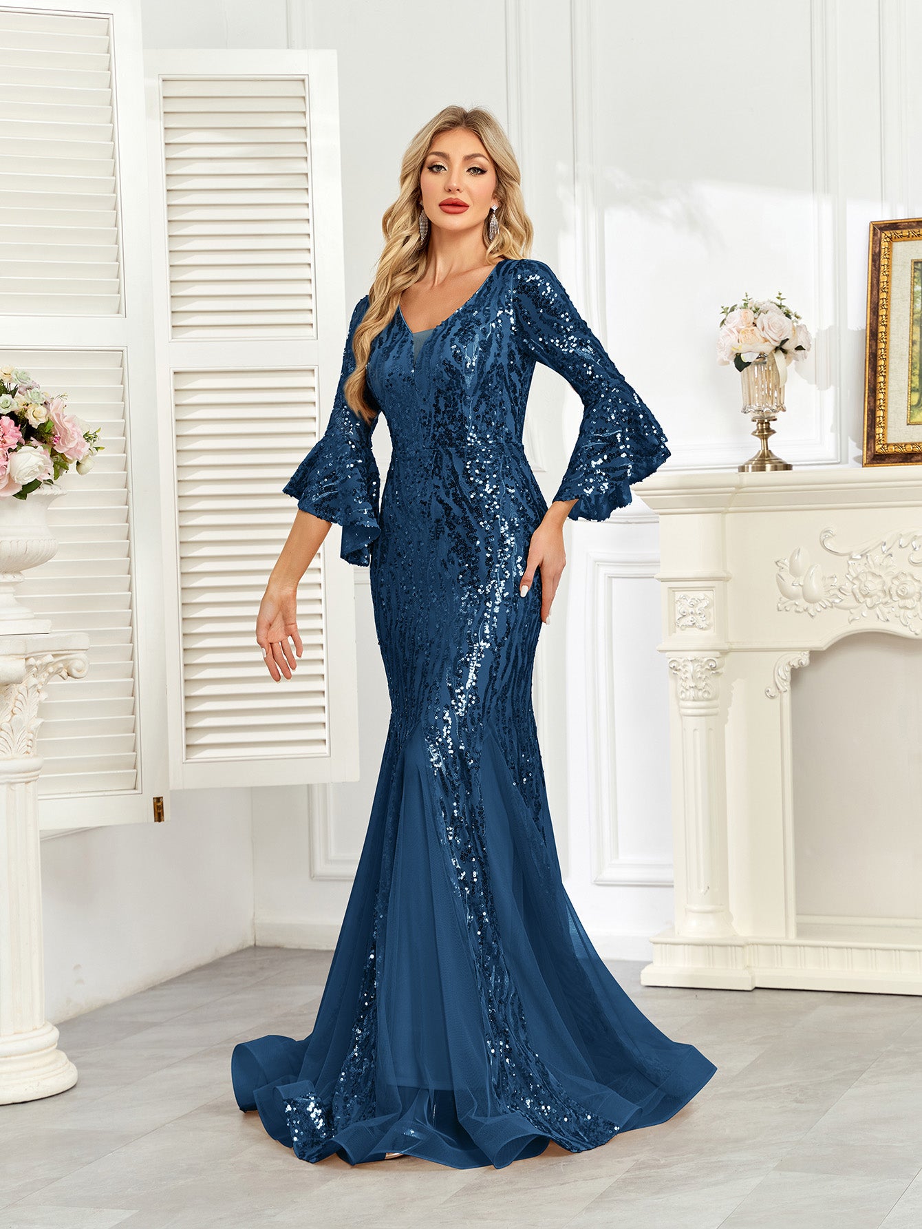 Champagne Gold Sequin Bell Sleeve Mermaid Evening Gown