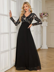 Black Floral Embroidery V‑Neck Long Sleeve A‑Line Evening Gown