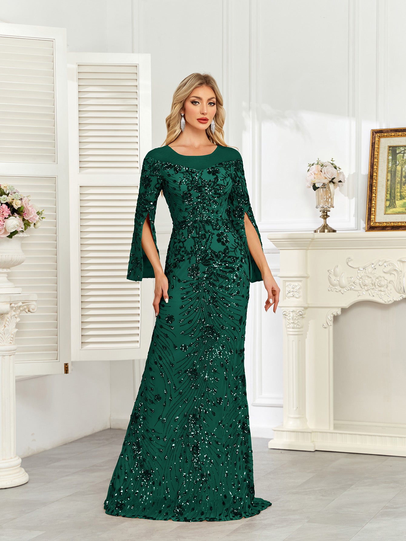 Royal Blue Sequin Split Flare‑Sleeve Mermaid Evening Gown