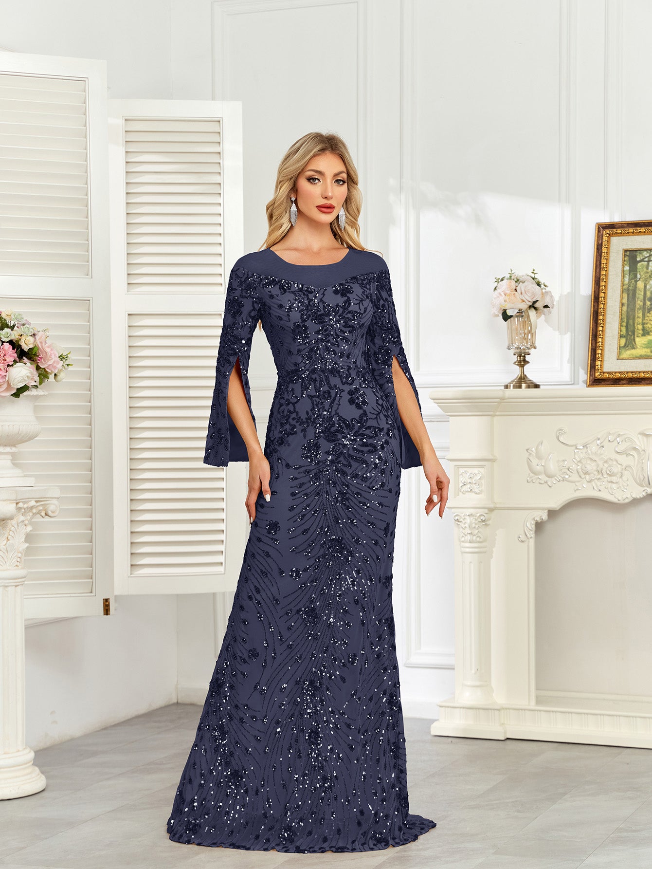 Royal Blue Sequin Split Flare‑Sleeve Mermaid Evening Gown