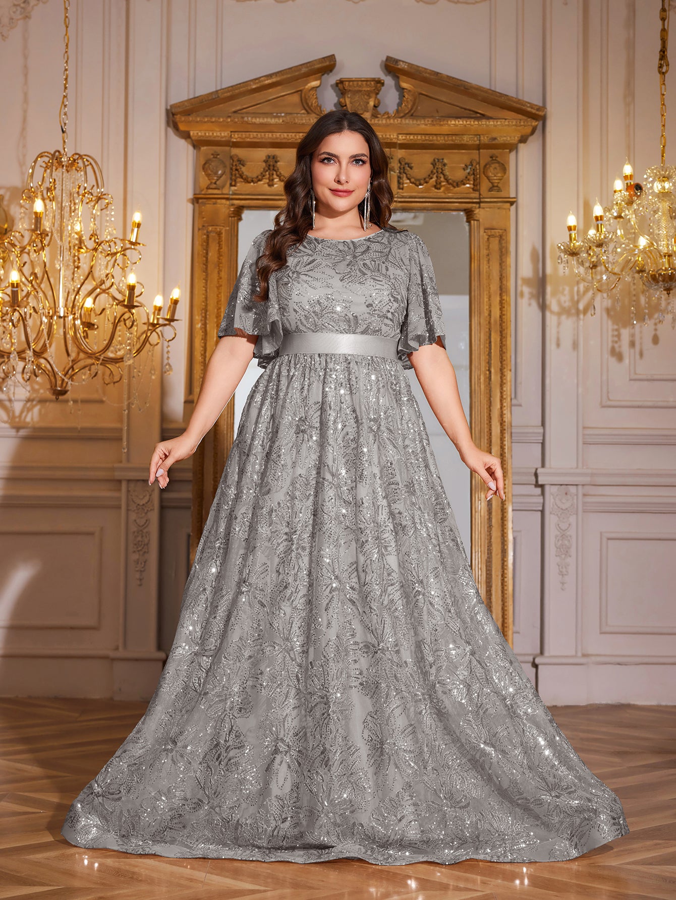 Rose Gold Sequin Flutter Sleeve Empire Waist A‑Line Plus Size Evening Gown