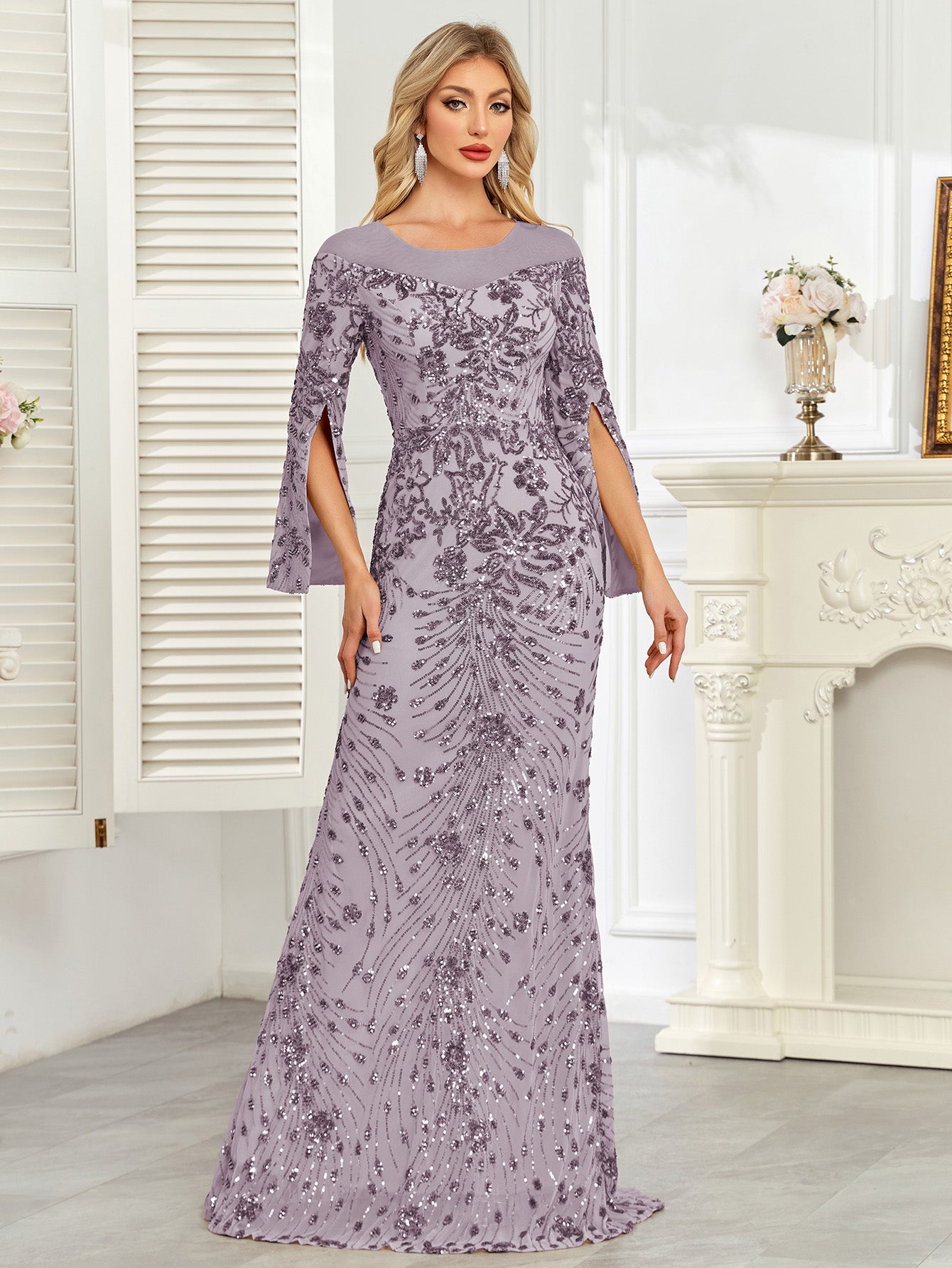 Royal Blue Sequin Split Flare‑Sleeve Mermaid Evening Gown
