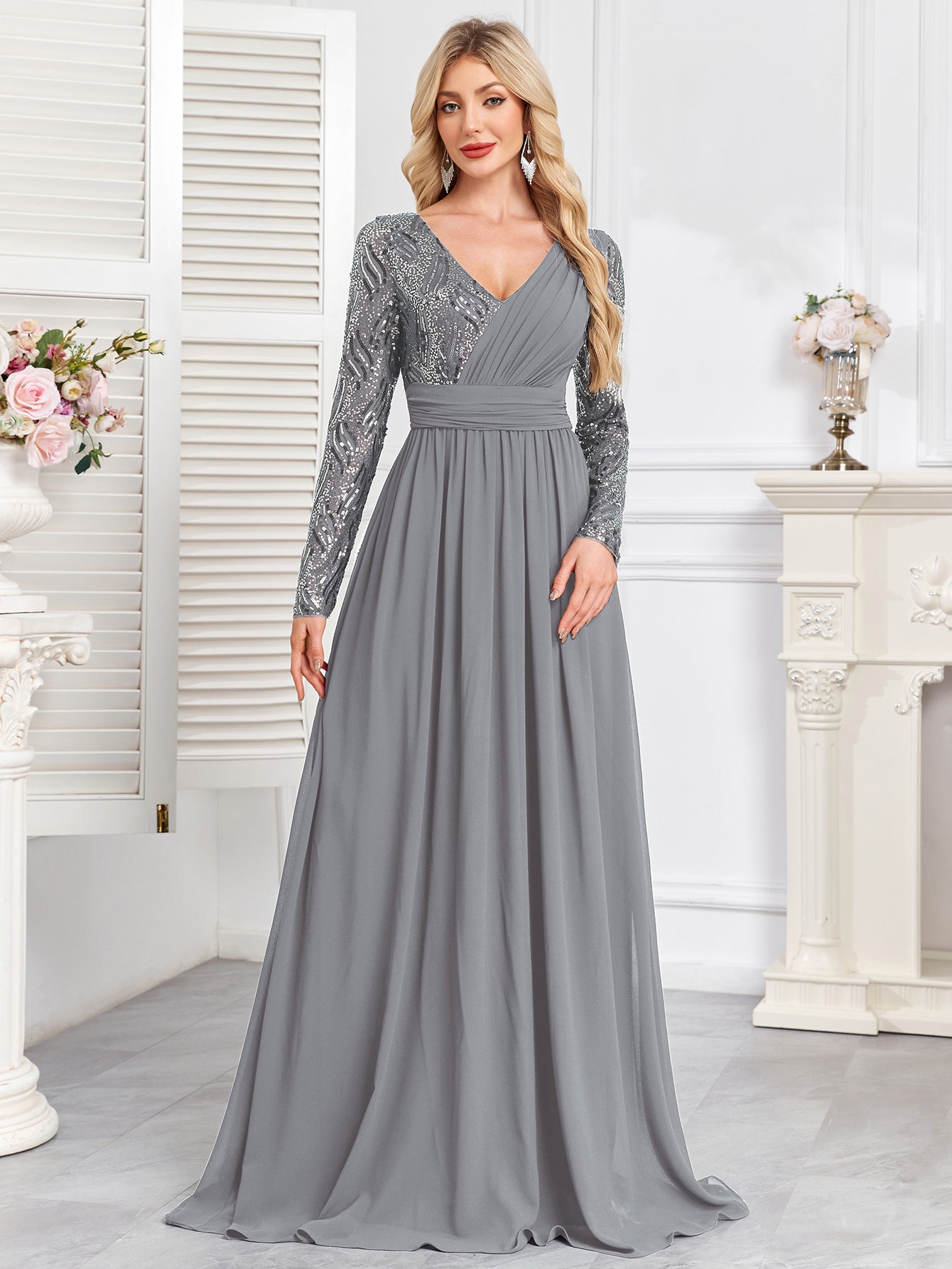 Navy Blue Multicolor Sequin Long Sleeve A‑Line Evening Gown