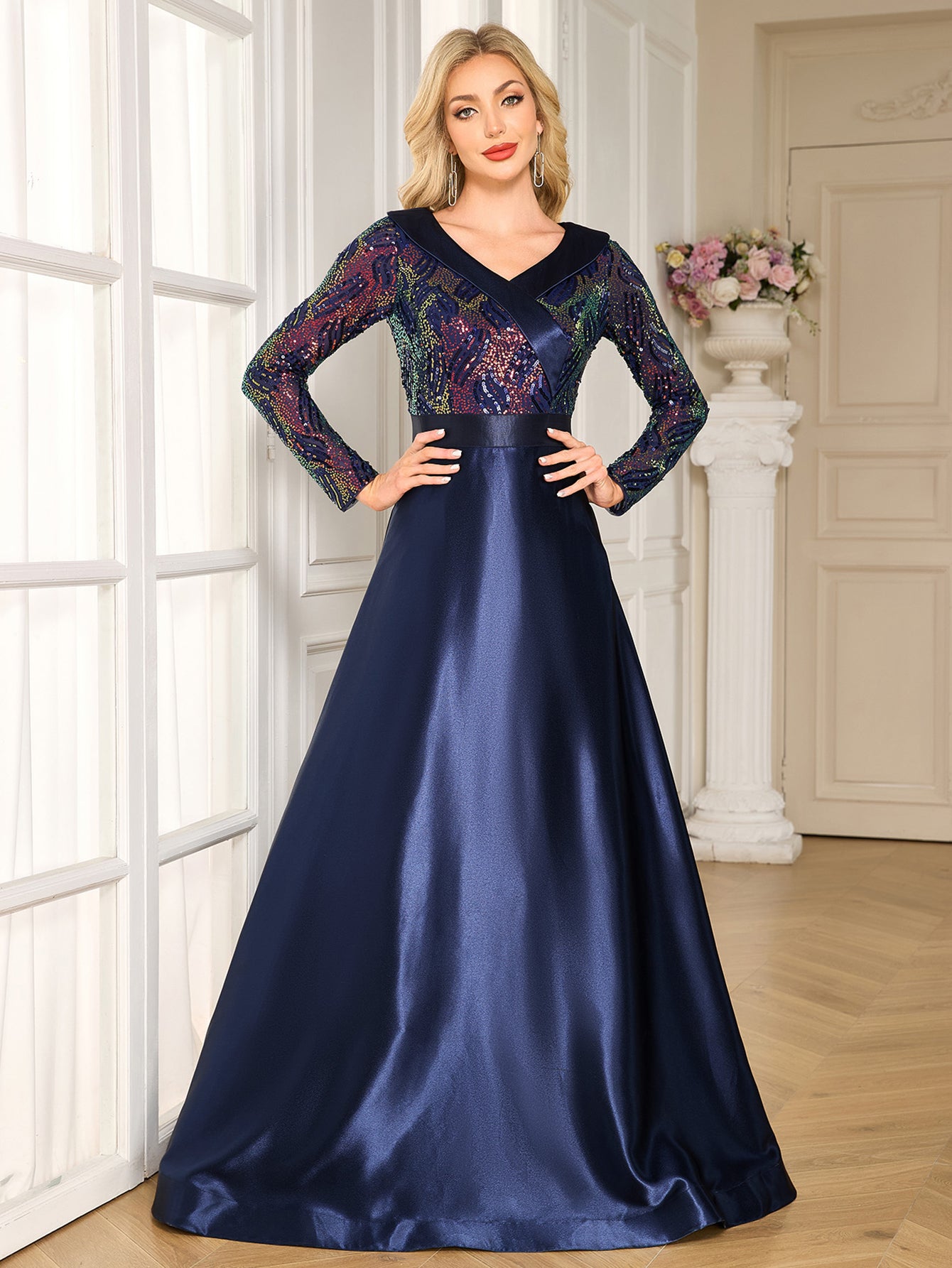 Navy Colorful Sequin Lapel V Neck Long Sleeve A-Line Floor Evening Gown