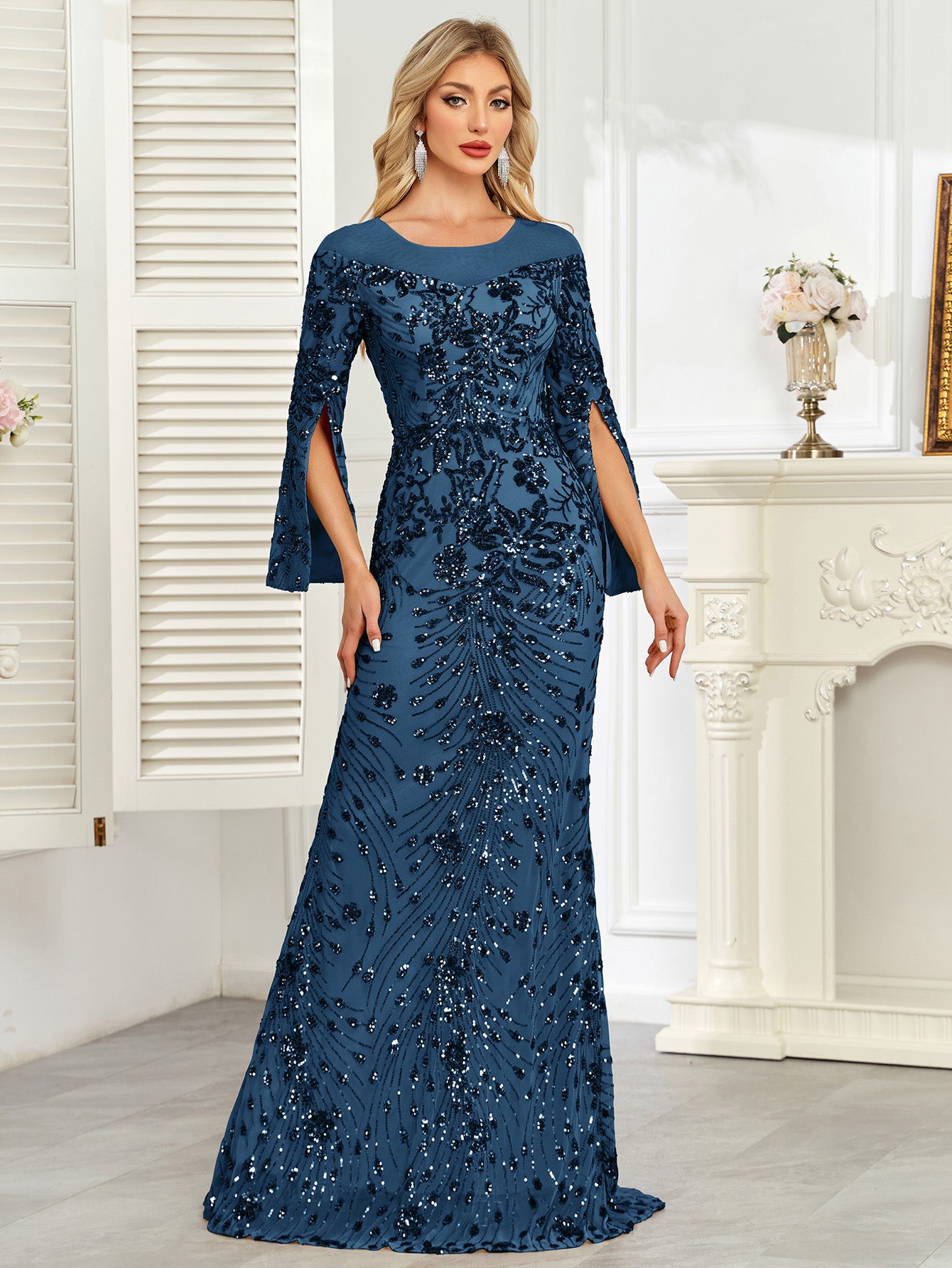 Royal Blue Sequin Split Flare‑Sleeve Mermaid Evening Gown