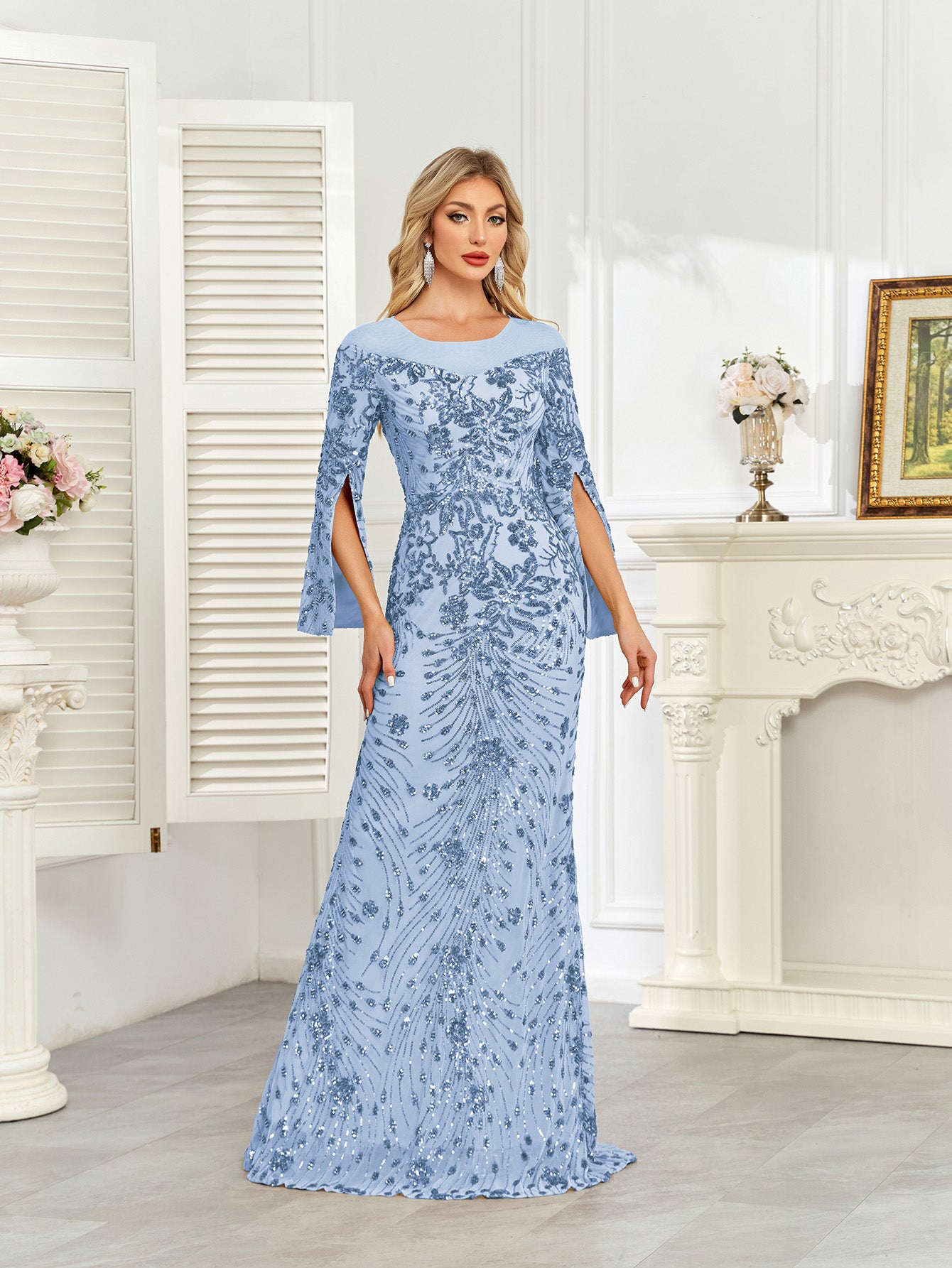 Royal Blue Sequin Split Flare‑Sleeve Mermaid Evening Gown