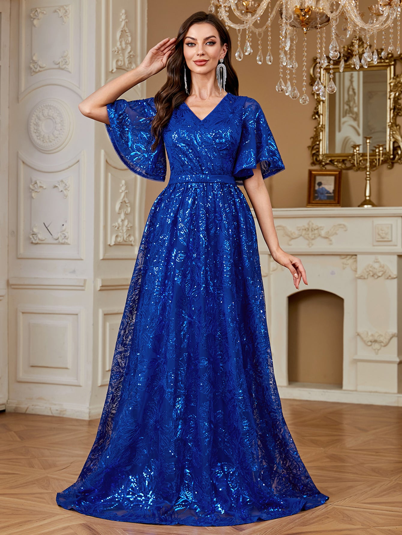 Royal Blue Sequin Flutter‑Sleeve High Waist A‑Line Evening Gown
