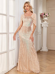 Champagne Ombre Sequin Cape Sleeve Mermaid Evening Gown