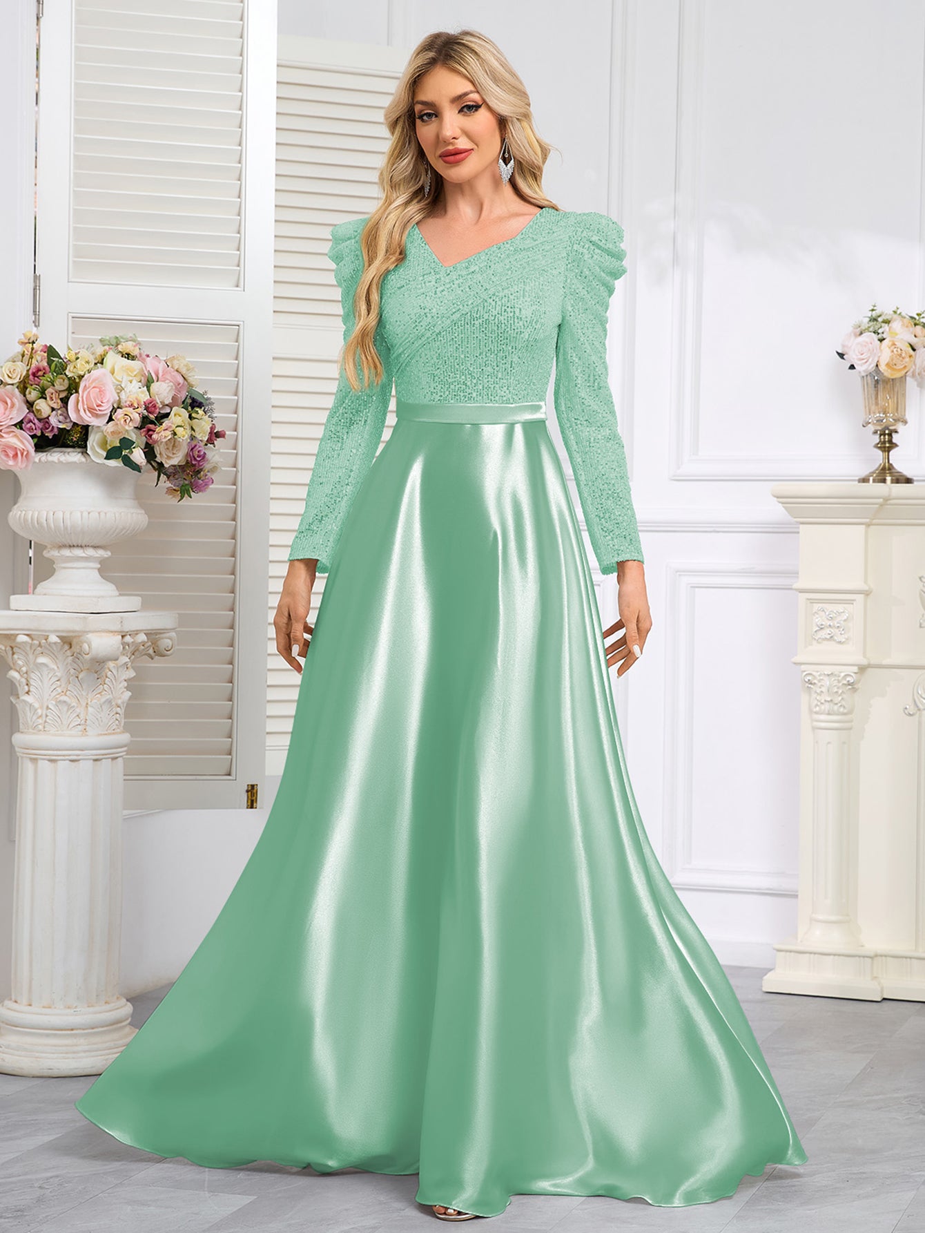 Dark Blue Satin Sequin Maxi Dress