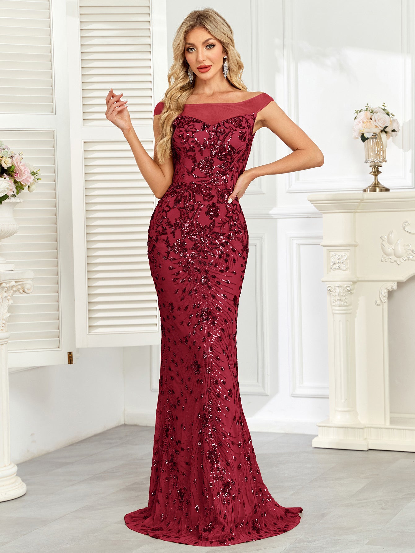 Royal Blue Sequin Off‑Shoulder Mermaid Evening Gown