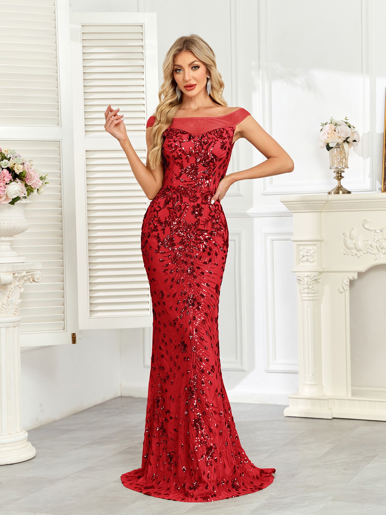 Royal Blue Sequin Off‑Shoulder Mermaid Evening Gown