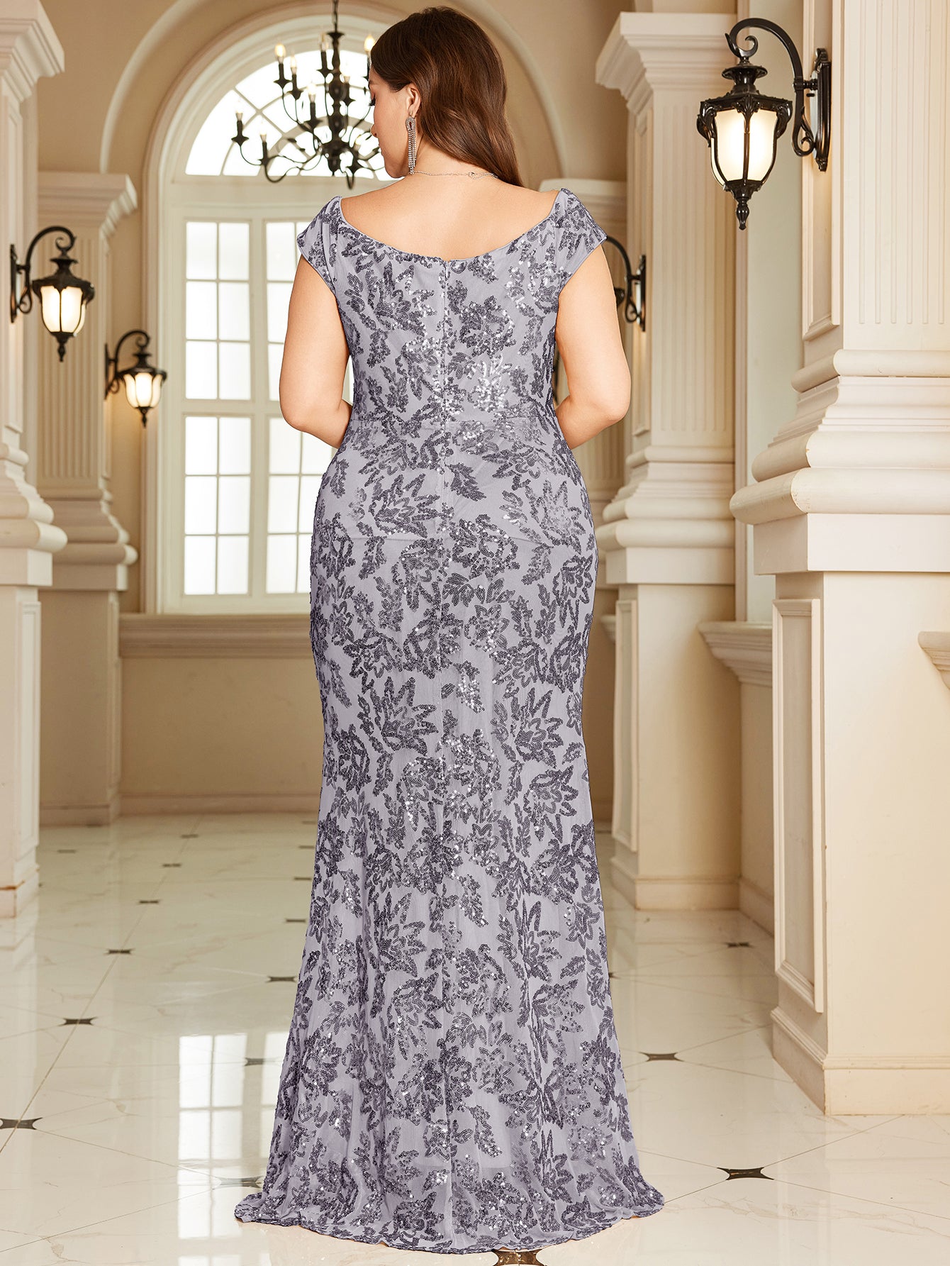 Navy Blue Floral Sequin Off‑Shoulder Sheath Maxi Gown