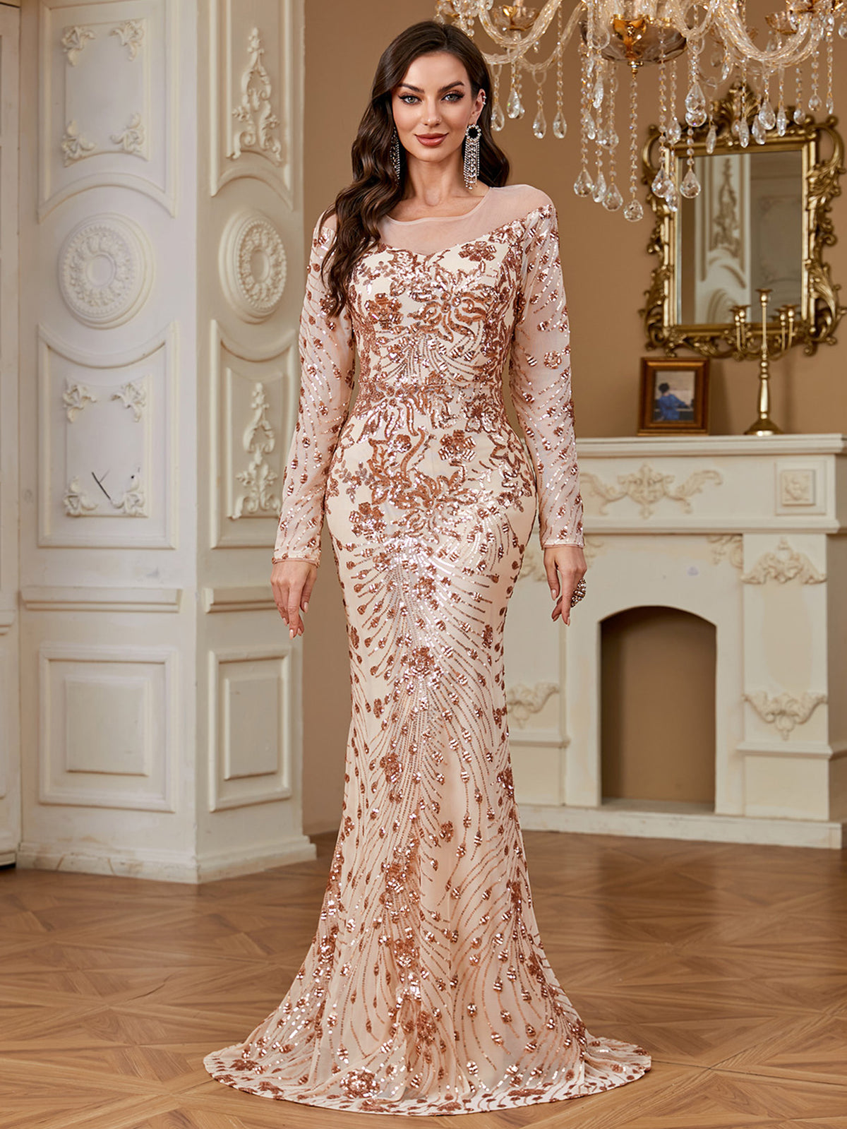 Nude Rose Gold Floral Sequin Illusion Long Sleeve Mermaid Evening Gown