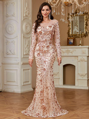 Nude Rose Gold Floral Sequin Illusion Long Sleeve Mermaid Evening Gown