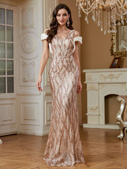 Champagne Rose Gold Wave Sequin Deep V Mermaid Formal Dress