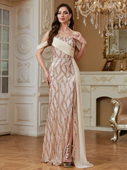 evening gown with a halter neck, backless design, sequin embellishments, high slit dress