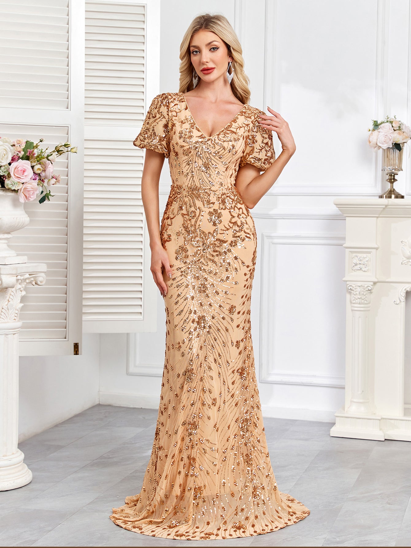 Champagne Gold Sequin Embellished V-Neck Mermaid Evening Gown