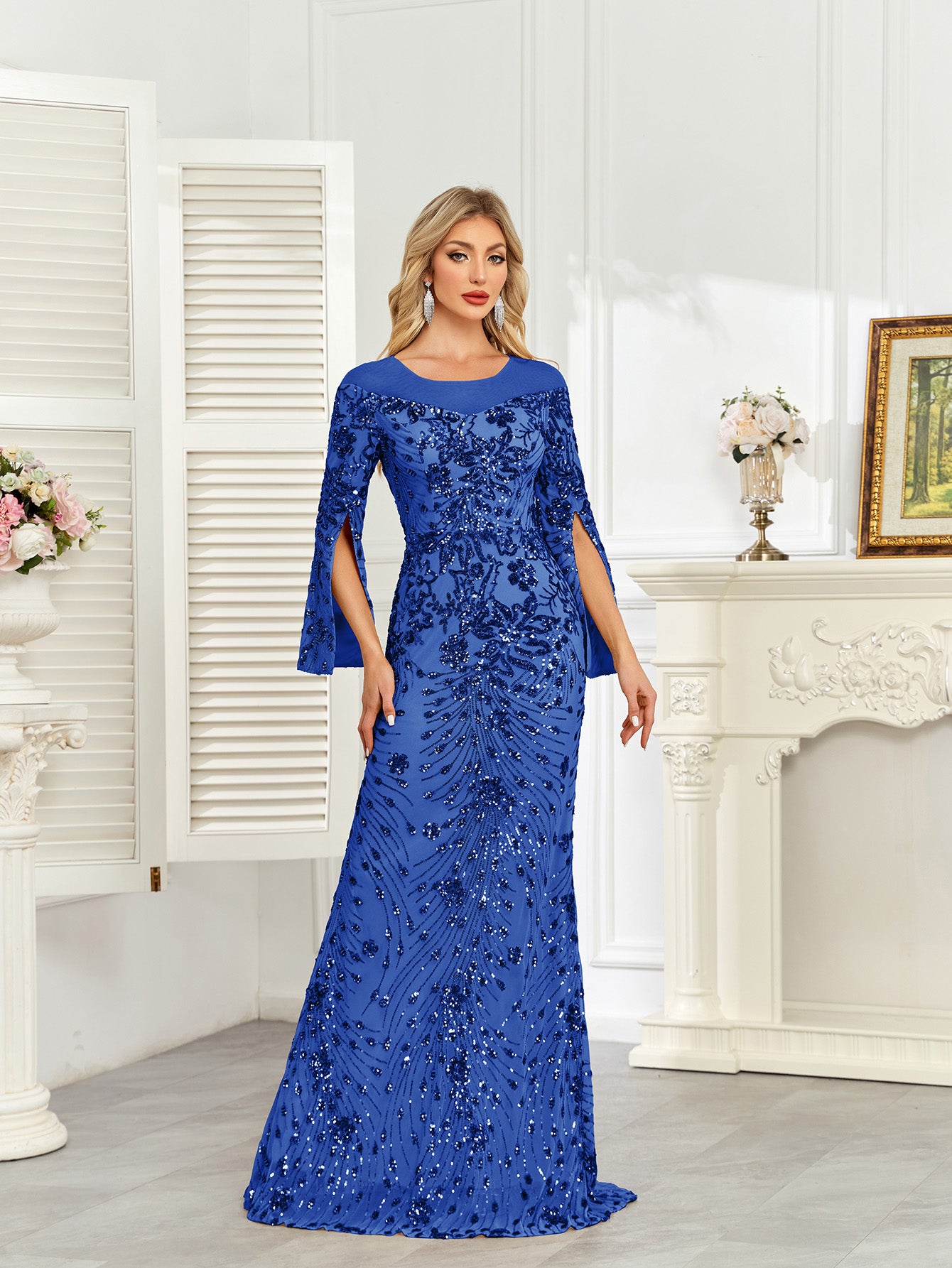 Royal Blue Sequin Split Flare‑Sleeve Mermaid Evening Gown