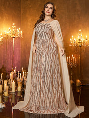 Champagne Chiffon Cape Strapless Sequin Plus‑Size Mermaid Formal Dress