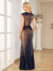 Navy Rainbow Gradient Sequin Cap Sleeve Mermaid Gown