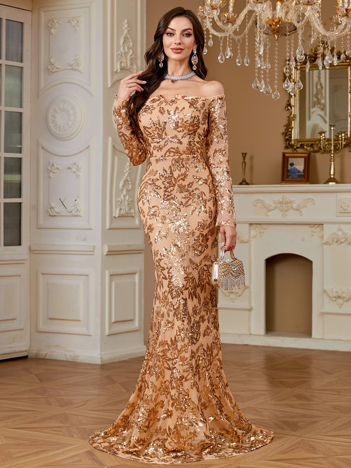 Champagne Gold Sequin Off Shoulder Long Sleeve Mermaid Evening Gown
