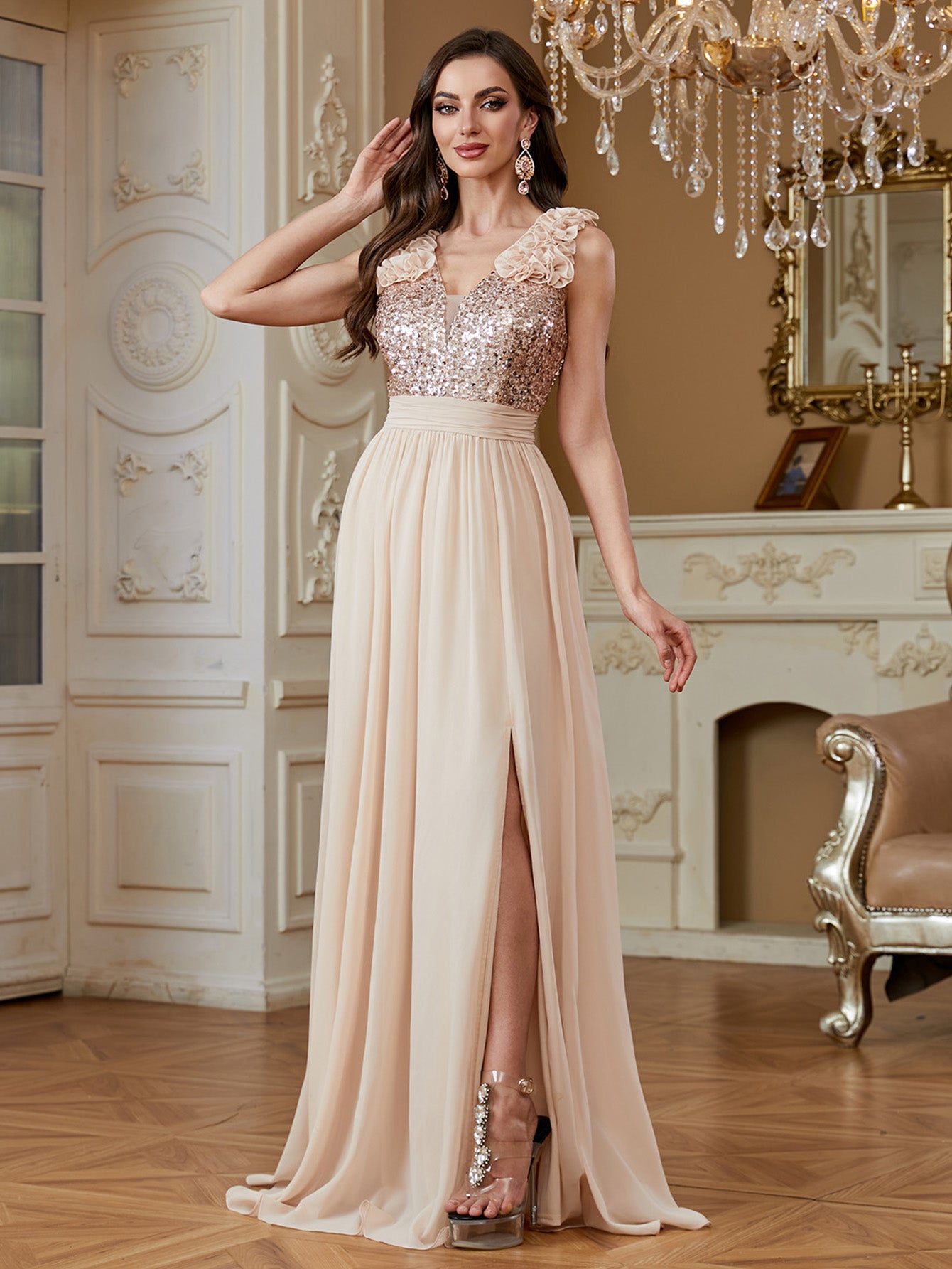 Champagne Sequin Floral V Neck Split A Line Long Evening Dress
