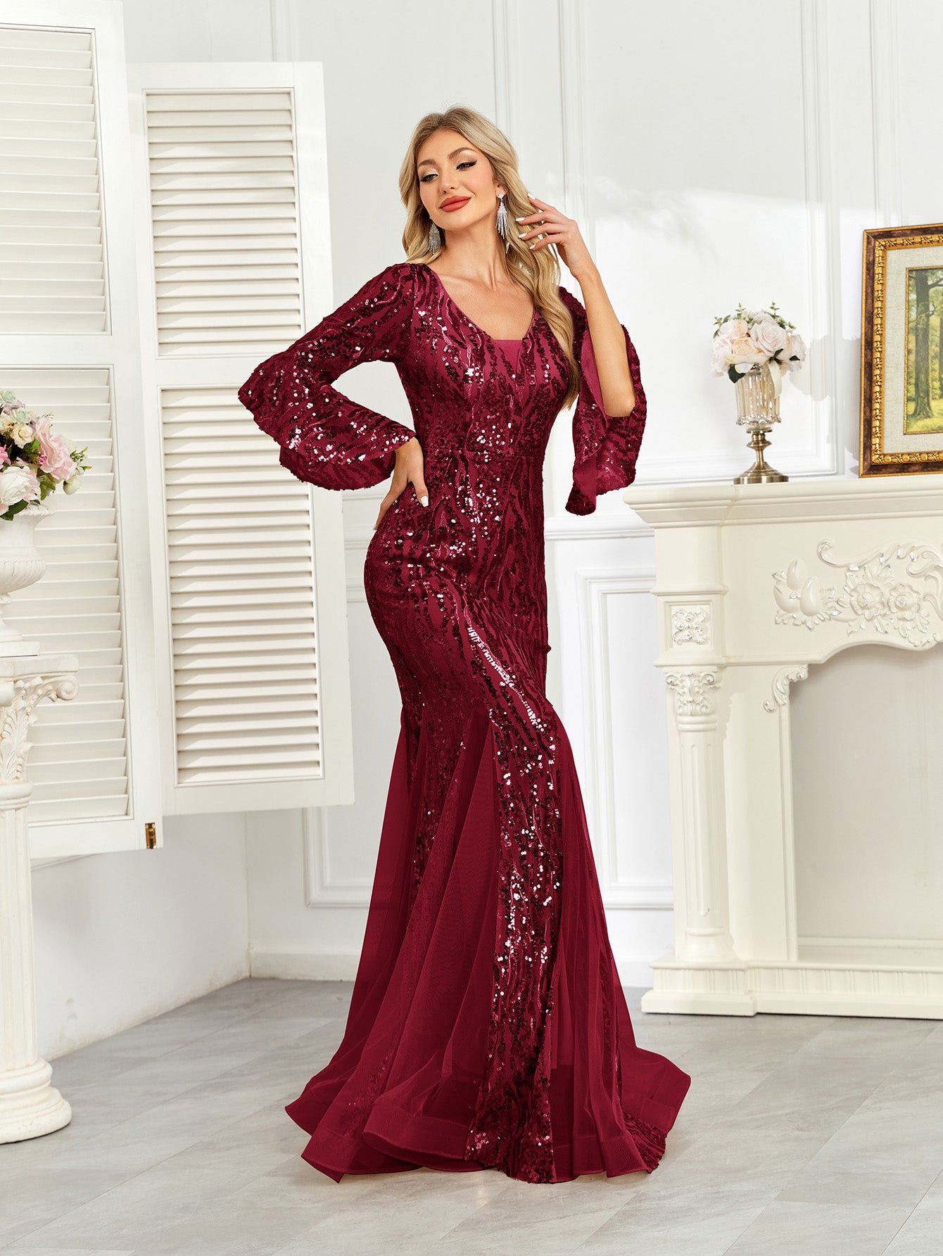 Champagne Gold Sequin Bell Sleeve Mermaid Evening Gown