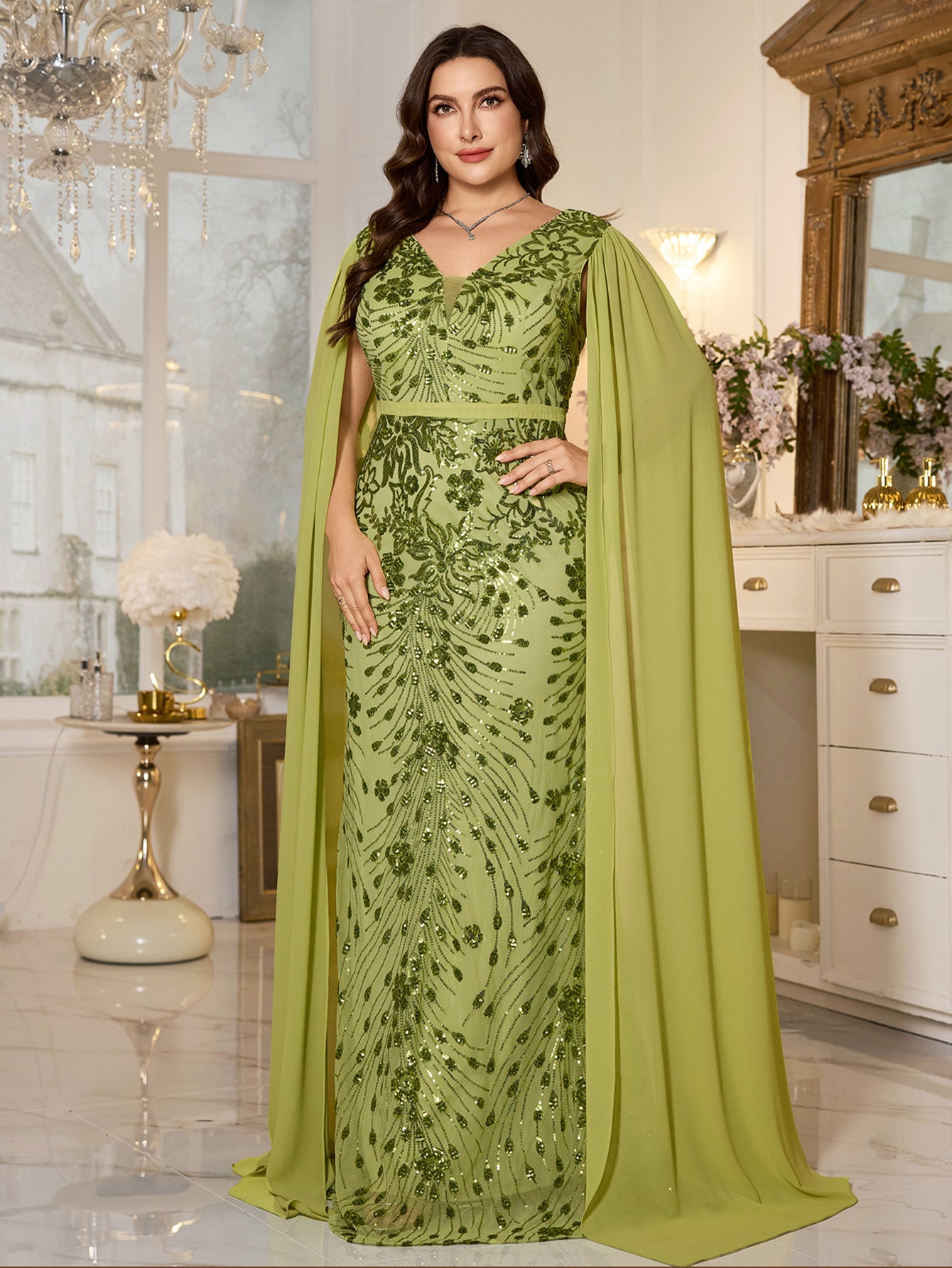 Avocado Green Floral Sequin V‑Neck Cape Sleeve Plus‑Size Mermaid Evening Gown